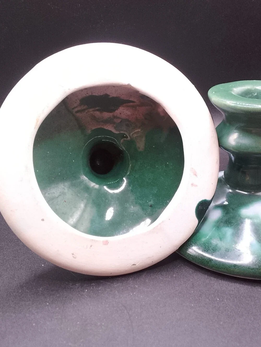 Pair Of Green/ White Glaze Ceramic Candle Holders